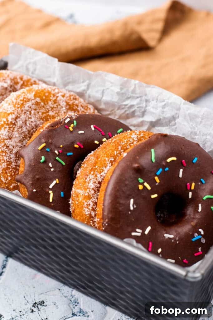 Gluten Free Donuts (Fried, Bakery Style) in a tray with chocolate frosting and sugared outsides