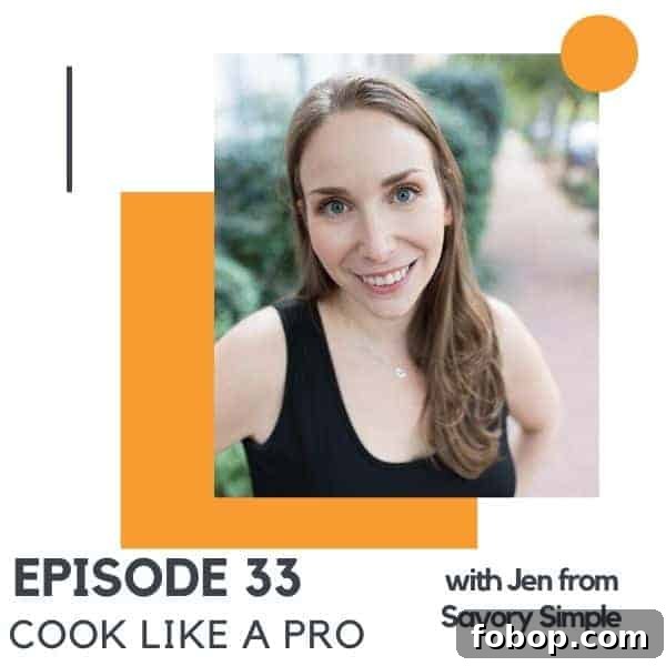 headshot of a brunette woman with text overlay 'episode 33 - cook like a pro'.