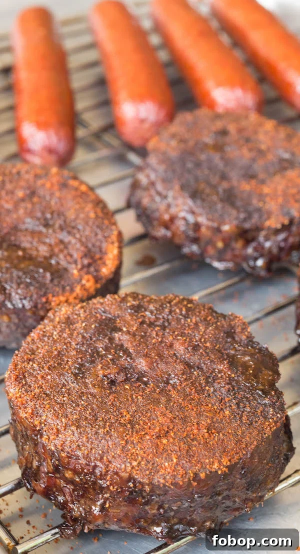 Smoked Hamburgers and Hot Dogs: Classic Backyard Grill Recipe 4 Smoked Hamburgers & Hot Dogs resting on a baking sheet.