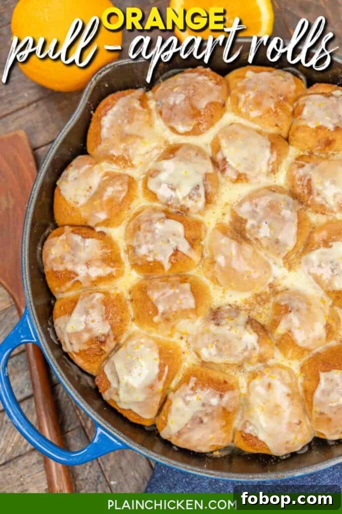 Citrus-Glazed Orange Pull-Apart Dinner Rolls 2 skillet of orange rolls with text overlay