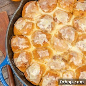 Citrus-Glazed Orange Pull-Apart Dinner Rolls 6 skillet of orange rolls with text overlay