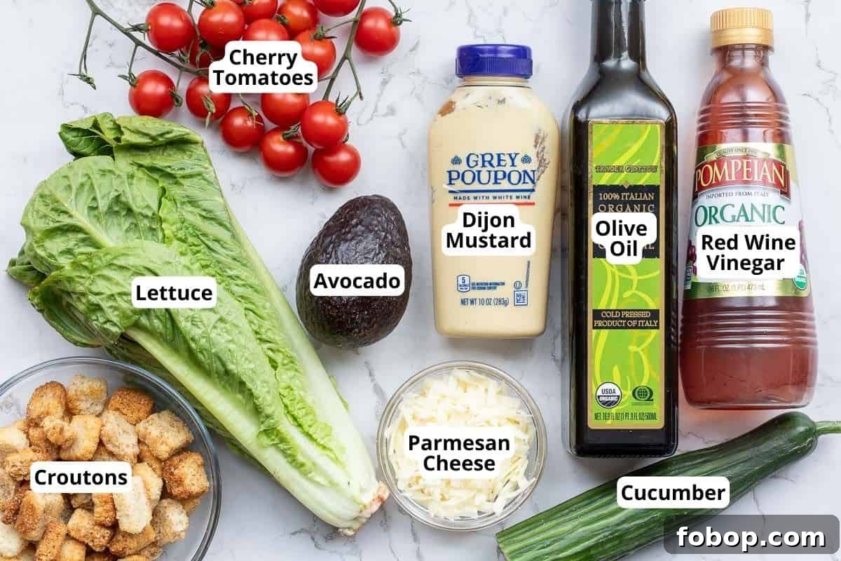 Perfect Side Salad Recipes to Complement Any Meal 3 lettuce, croutons, cherry tomatoes, avocado, dijon mustard, parmesan cheese, cucumber, olive oil, and red wine vinegar.