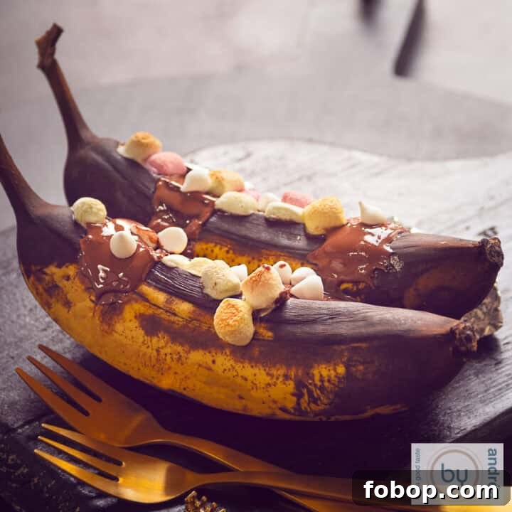 A square photo of two grilled bananas one after the other, flavored with whiskey, melted chocolate and marshmallows