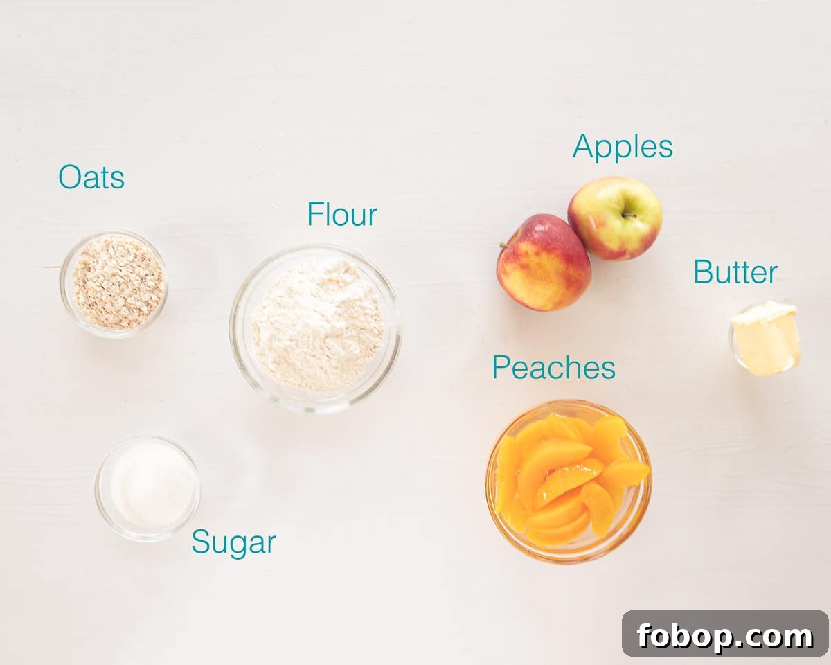 Apple and Peach Crumble Recipe: Simple Oven-Baked Fruit Crisp 3 Ingredients Apple Peach Crumble on a white background with text description