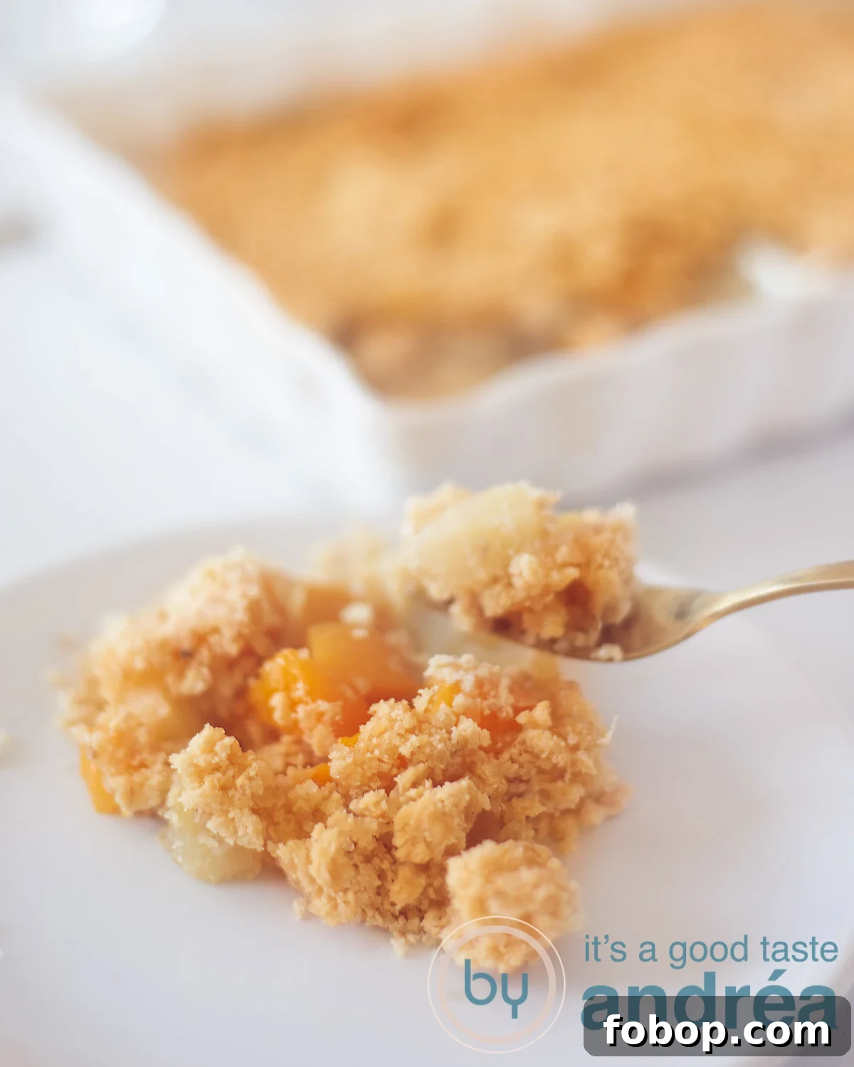 Apple and Peach Crumble Recipe: Simple Oven-Baked Fruit Crisp 5 Peach apple crumble on a white plate with an oven dish in the background