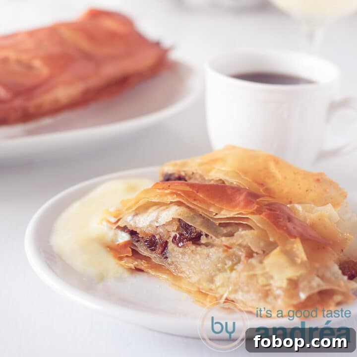 A square photo with a piece of apple pie, a cup and more apple pie in the background