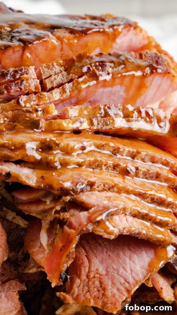 Close up of honey baked ham copycat spiral cut ham with glaze between slices.
