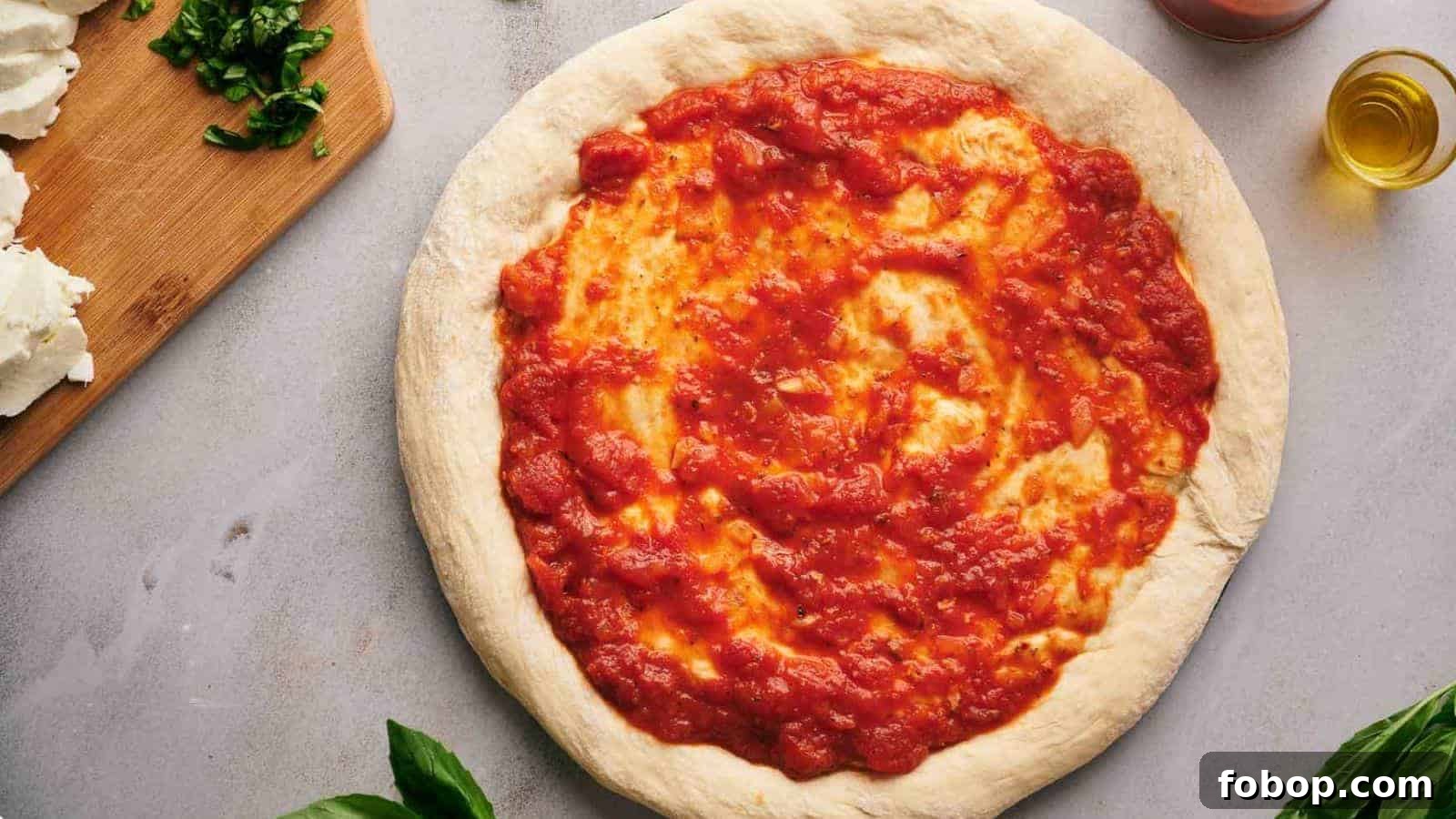 Pizza sauce spread over a pizza crust.