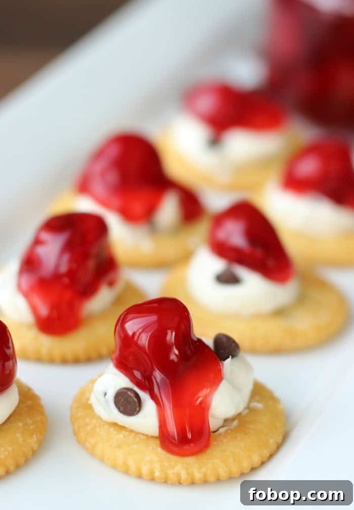 Mini cherry chocolate chip cheesecakes on RITZ crackers