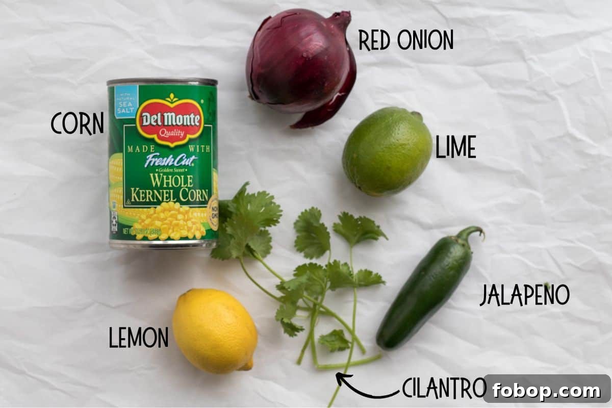 ingredients for corn salsa with labels