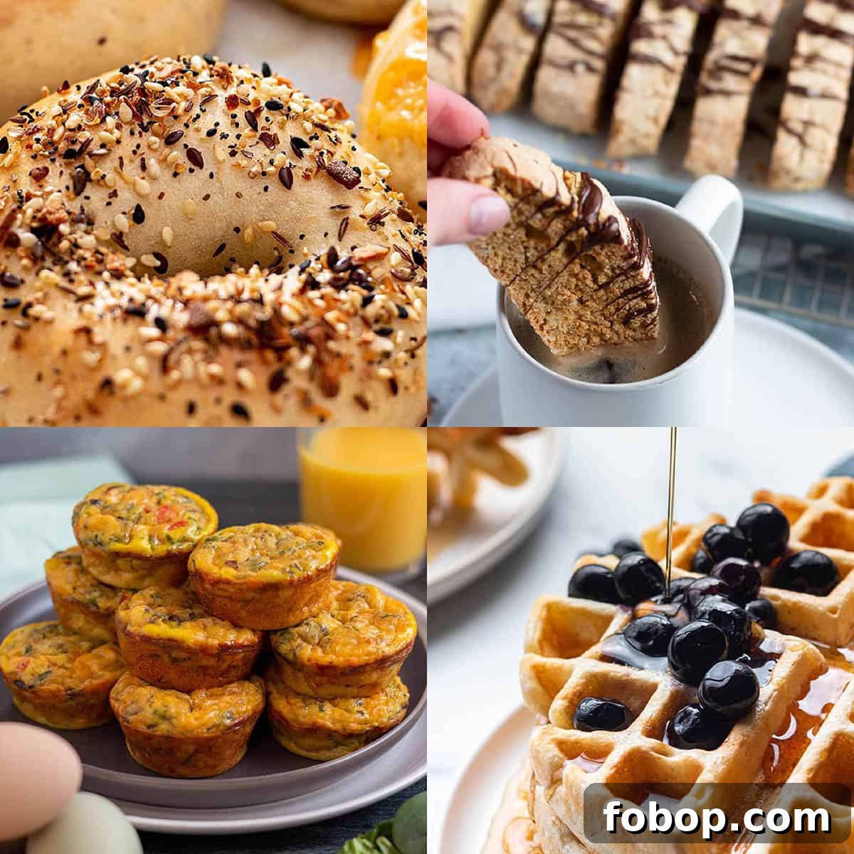 Four images of a sourdough bagel, waffles, biscotti and breakfast bites.