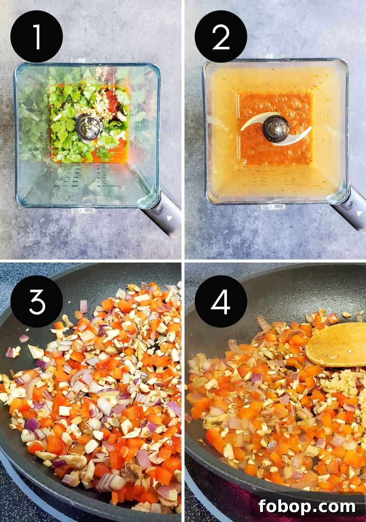 Prep images showing four numbered collage pictures on sauce and veggies being made.